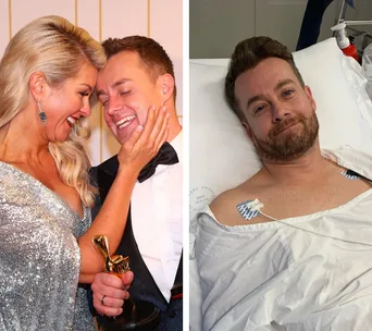 "Two-image collage: smiling couple at an event; man in a hospital bed with medical equipment attached."