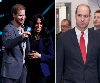 Prince Harry with Meghan Markle on stage; Prince William at an event wearing a suit and red tie.