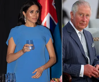 Person in blue dress holding a glass and another in a striped suit sitting, both against different backdrops.