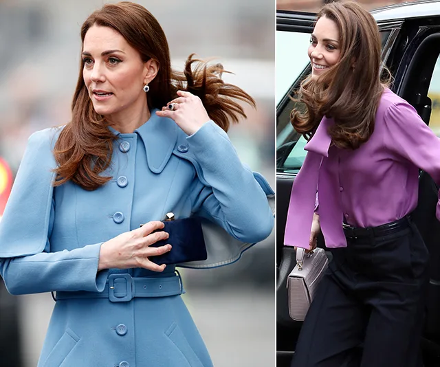 Kate Middleton in a blue coat and holding a clutch, and in a purple blouse exiting a car with a handbag.