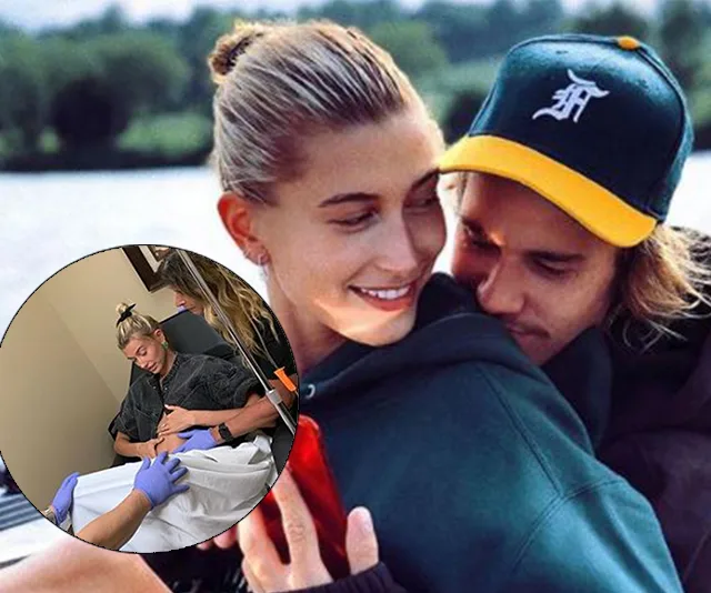 Couple hugging by a lake, inset shows a woman with healthcare provider.