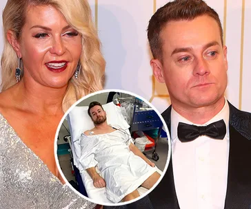 "Two people in formal wear with an inset of a man in a hospital bed wearing a gown."