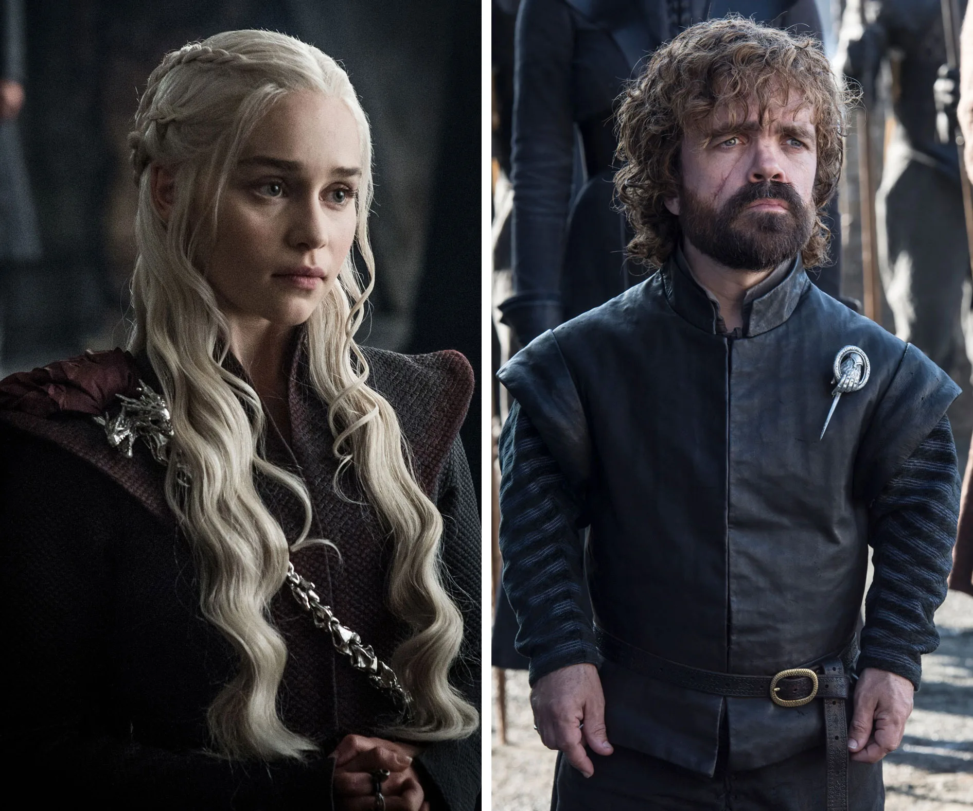 Daenerys Targaryen and Tyrion Lannister in "Game of Thrones," both in dark attire, looking serious and contemplative.