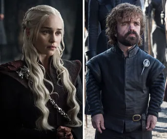 Daenerys Targaryen and Tyrion Lannister in "Game of Thrones," both in dark attire, looking serious and contemplative.