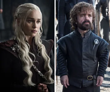 Daenerys Targaryen and Tyrion Lannister in "Game of Thrones," both in dark attire, looking serious and contemplative.