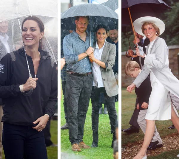 Royal family members holding umbrellas: a woman in a jacket, a couple under an umbrella, and a woman in a suit with a child.