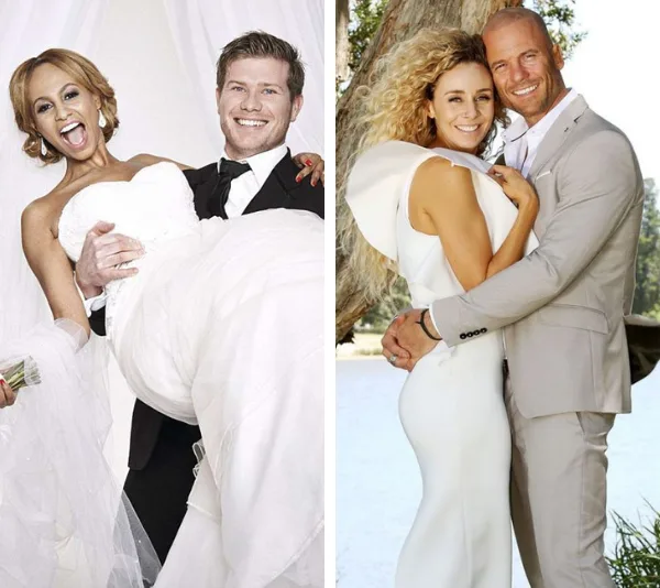 Couples from "Married at First Sight" season finales celebrating in wedding attire, smiling and embracing.