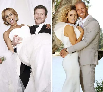 Couples from "Married at First Sight" season finales celebrating in wedding attire, smiling and embracing.