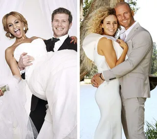 Couples from "Married at First Sight" season finales celebrating in wedding attire, smiling and embracing.