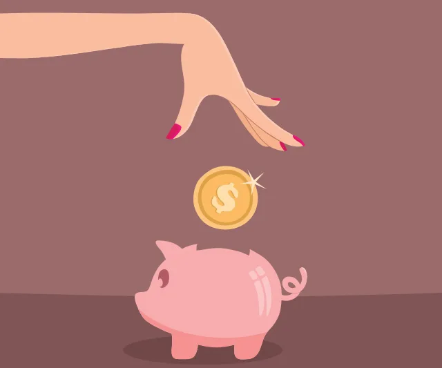 A hand dropping a coin into a pink piggy bank, illustrating savings or budgeting.