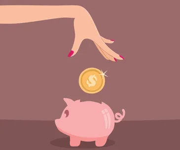 A hand dropping a coin into a pink piggy bank, illustrating savings or budgeting.