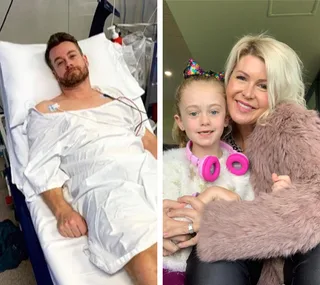 A man in a hospital bed and a woman with a child wearing headphones, both smiling at the camera.