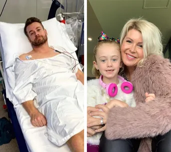 A man in a hospital bed and a woman with a child wearing headphones, both smiling at the camera.
