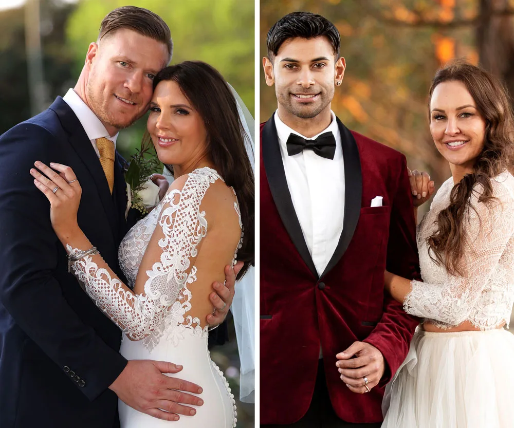 Couples from "Married at First Sight: Honeymoon Island" in wedding attire, smiling and posing outdoors.