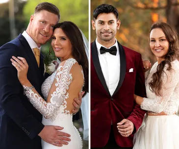 Couples from "Married at First Sight: Honeymoon Island" in wedding attire, smiling and posing outdoors.