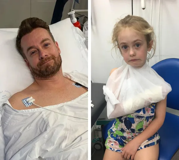 Man in hospital bed and young girl with arm in a sling, both with neutral expressions.