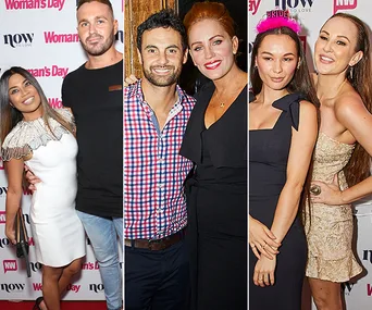 "Three couple groups at a party: smiling, dressed stylishly, posing for photos against branded backdrops."