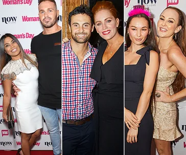 "Three couple groups at a party: smiling, dressed stylishly, posing for photos against branded backdrops."