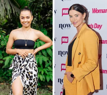Two women pose in stylish outfits; one in a black top and leopard skirt, the other in a yellow suit at an event.