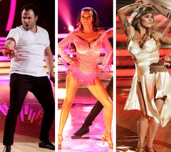 "Dancing with the Stars contestants performing on the show stage in colorful costumes."
