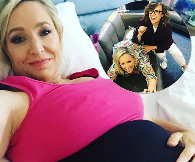 Fifi Box relaxing in pink top, inset shows playful moment with Lisa Wilkinson, both smiling and joyful.