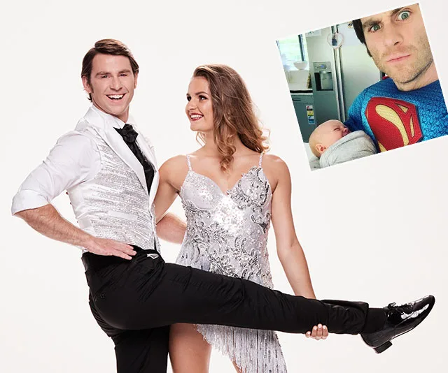 Two people in ballroom dance attire with one leg extended. Inset photo of a man with a baby in Superman attire.