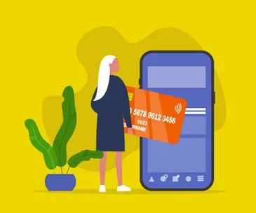 A woman holding a credit card stands next to a large smartphone displaying financial information.