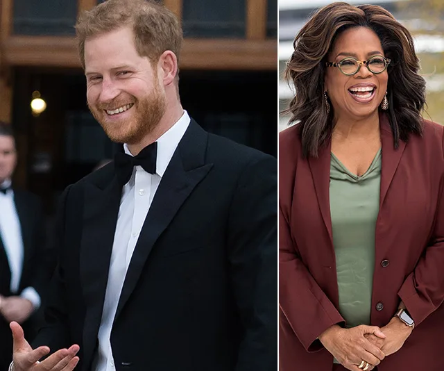 Prince Harry and Oprah Winfrey smiling in formal and casual outfits, respectively.