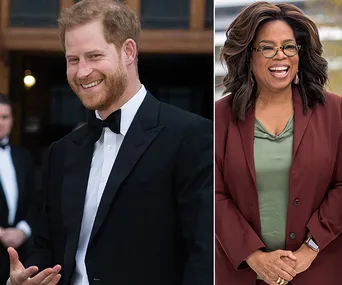 Prince Harry and Oprah Winfrey smiling in formal and casual outfits, respectively.
