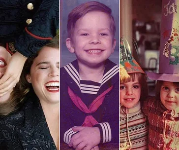 Three childhood photos: Two sisters laughing, a boy in a sailor costume smiling, and two kids in birthday hats.
