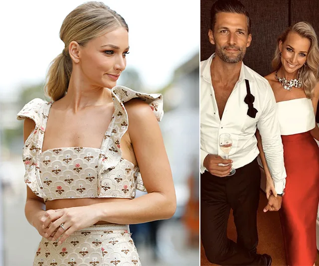 A woman in a floral dress outdoors and a couple dressed formally indoors, smiling and posing for a photo.