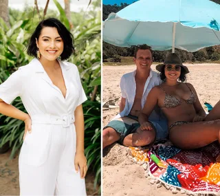 Woman in white smiling outdoors; woman in bikini with man on beach under an umbrella.