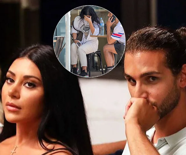 Couple sitting apart with serious expressions, inset image shows a woman with hand on face in a distressed pose.