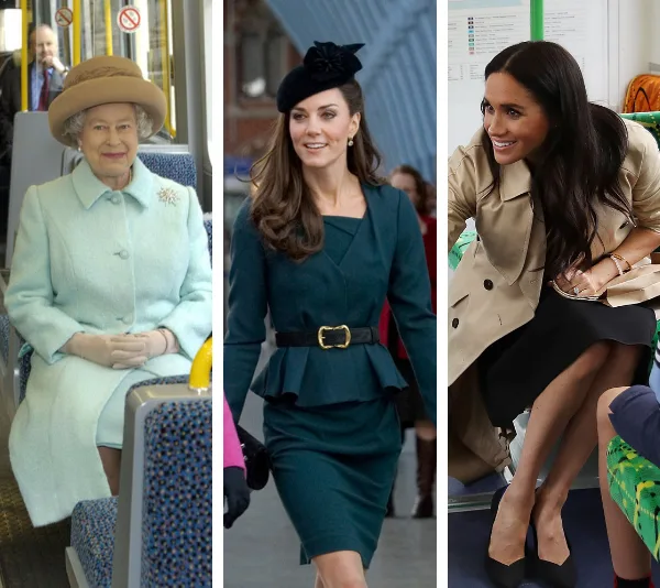 Royal figures traveling on public transport: a woman in pale blue, another in teal, and a third in beige trench coat.