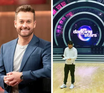 Man in a suit smiling and man holding paper on "Dancing with the Stars" set.