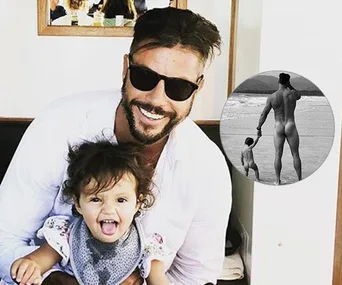 Man with sunglasses smiling, holding child, inset shows them from behind at the beach.