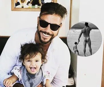 Man with sunglasses smiling, holding child, inset shows them from behind at the beach.