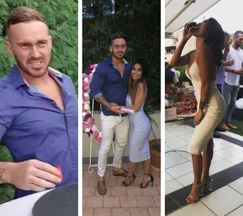 A man outdoors in blue shirt, couple posing at a party, and a woman in a white dress drinking a shot.