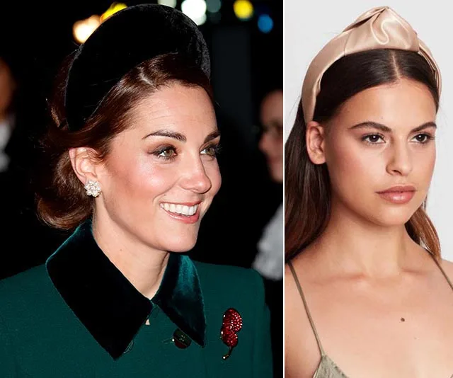 Women wearing stylish headbands; one in a green outfit with a dark headband, the other in a light top with a satin headband.