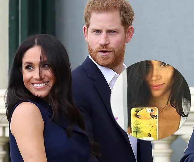 "Two individuals smiling; inset shows a phone case with a selfie reflection."