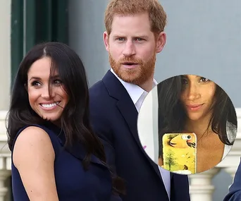 "Two individuals smiling; inset shows a phone case with a selfie reflection."