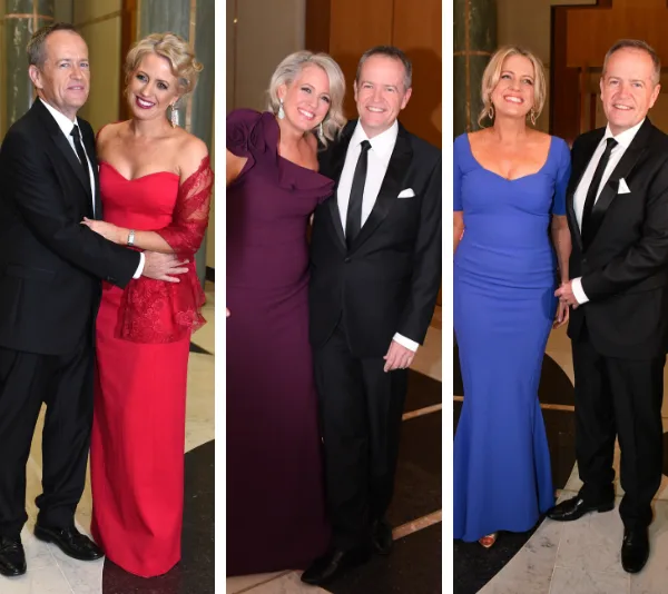 Couple dressed formally in a series of three photos, with the woman in different elegant gowns and the man in a suit.