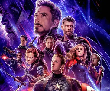 Poster of Avengers: Endgame featuring main characters in dramatic poses with a cosmic background.