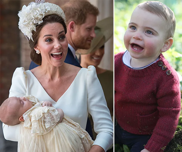 Left: Woman holding a baby in a christening gown; Right: Smiling toddler in a red sweater sitting outdoors.