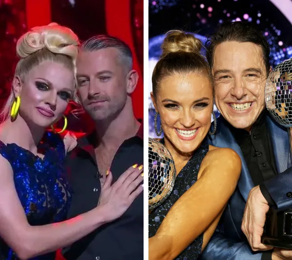 Contestants from "Dancing with the Stars" finale in formal attire; one pair embracing, the other holds trophies.