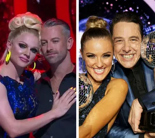 Contestants from "Dancing with the Stars" finale in formal attire; one pair embracing, the other holds trophies.