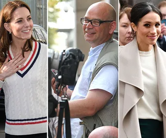 Three photos: a woman in a white sweater, a man with camera gear, and another woman in a beige coat smiling at an event.