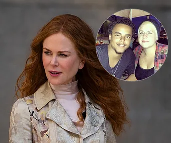 Nicole Kidman with her two adopted children in a circular inset photo, smiling together.