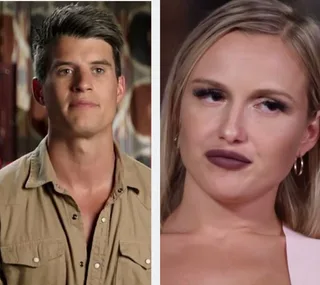 "Two individuals from Bachelor in Paradise in side-by-side portraits, both display serious expressions."
