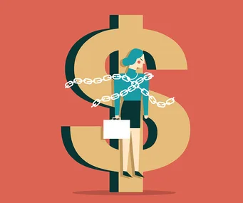 Illustration of a woman chained to a large dollar sign, symbolizing debt or financial burden.